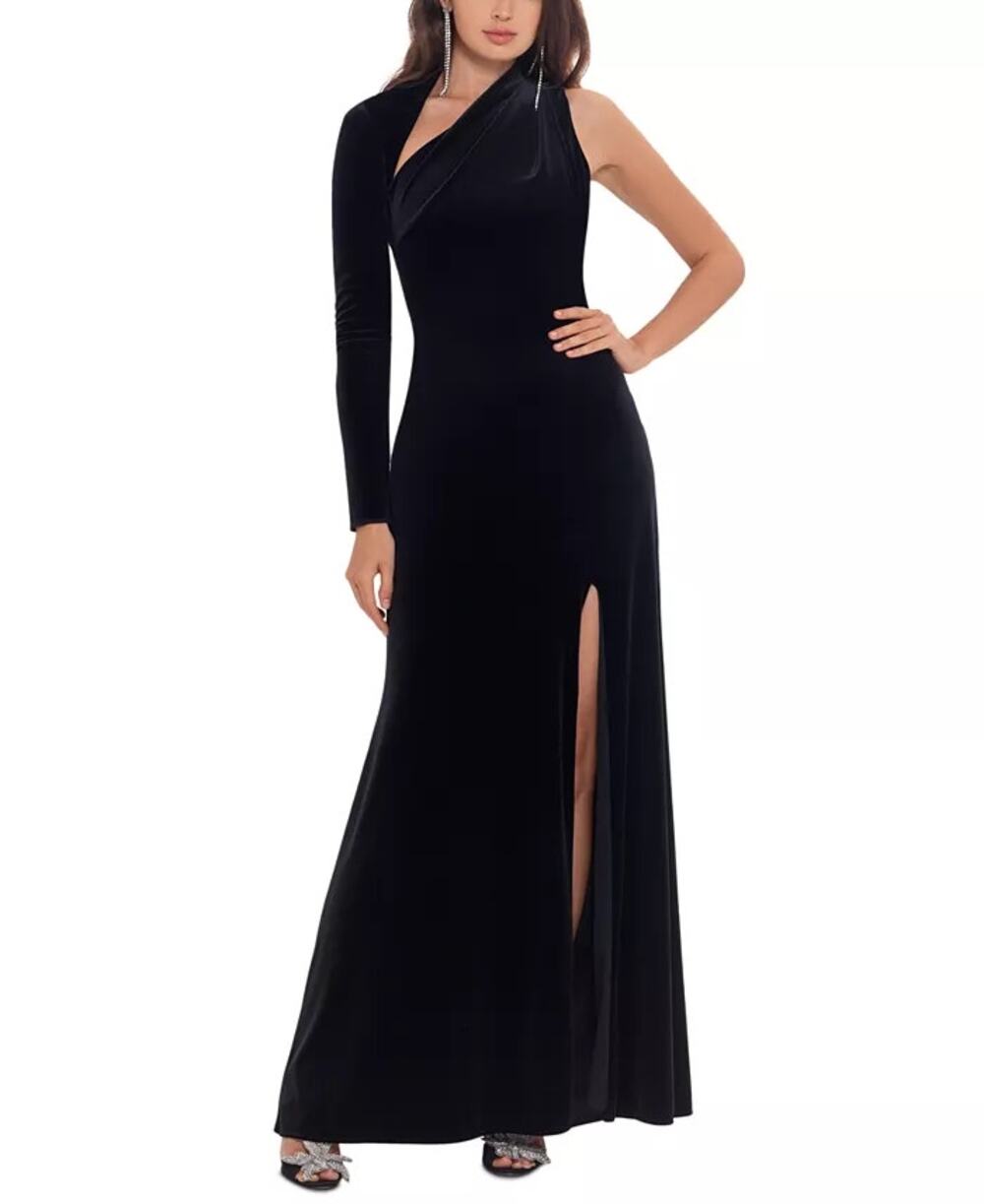 Betsy & Adam Women's Velvet Asymmetrical-Neck One-Sleeve Gown Black 6